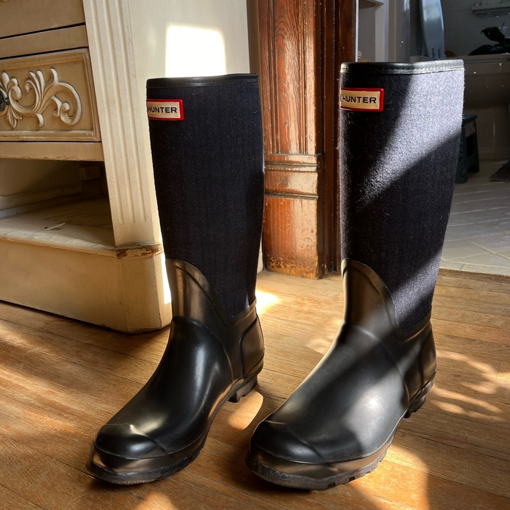 💧❄️Hunter Allayna British Wool Blue Black Plaid Tall Rain Boots Size 7M/8F❄️💧